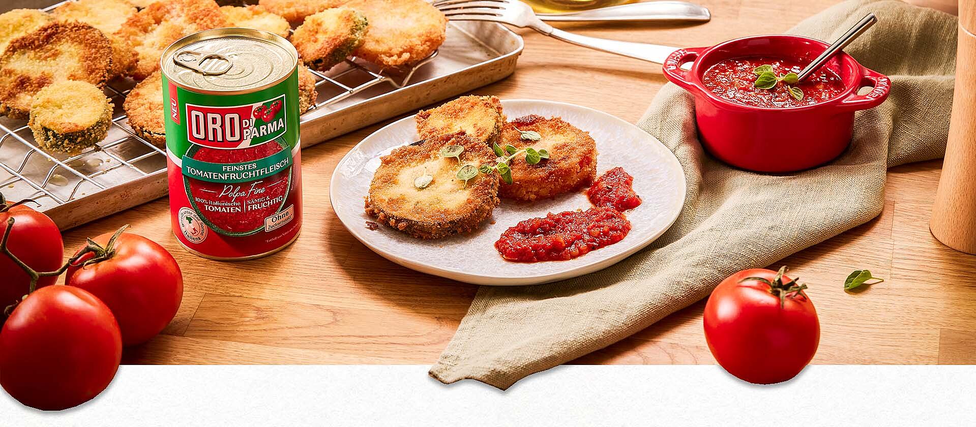 Knusprige Gemüsetaler con sugo di pomodoro