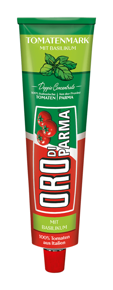 Tomato paste with basil from ORO di Parma in a 200g tube.