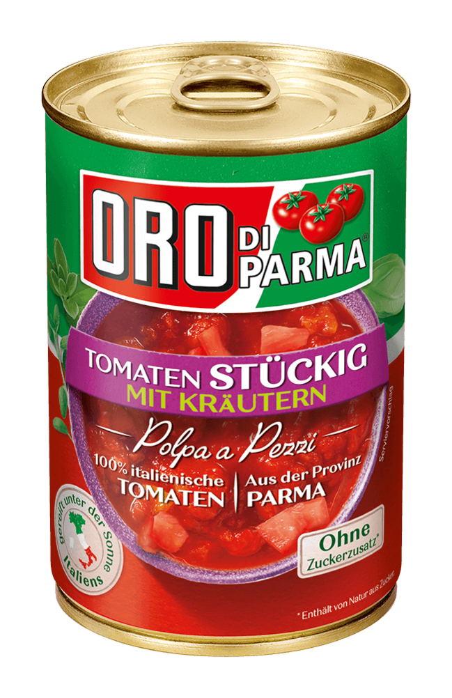 ORO di Parma chopped tomatoes with herbs in an ORO di Parma can