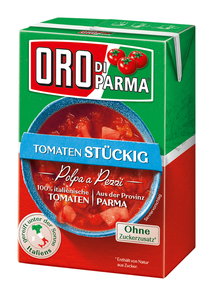 Chopped tomatoes from ORO di Parma in a 400g Combibloc.