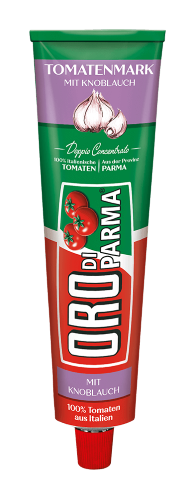 Tomato paste with garlic from ORO di Parma in a 200g tube.