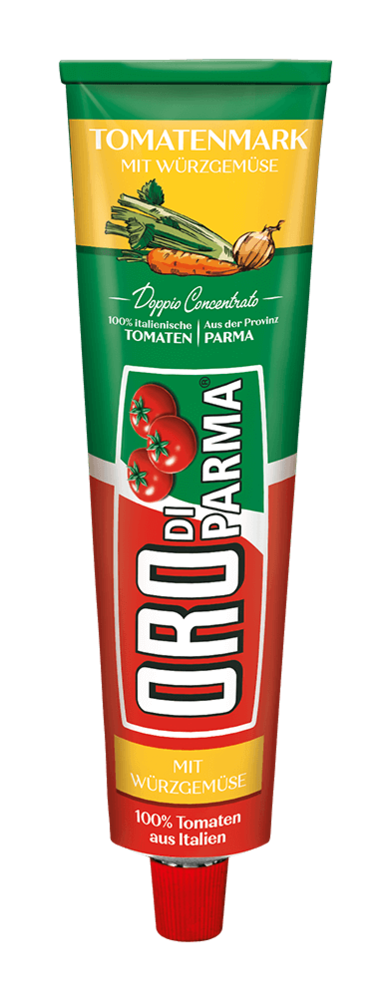 Tomato paste with seasoned vegetables from ORO di Parma in a 200g tube.