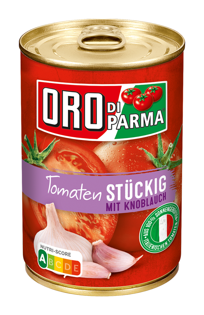 Chopped tomatoes with garlic from ORO di Parma in a 425ml can.