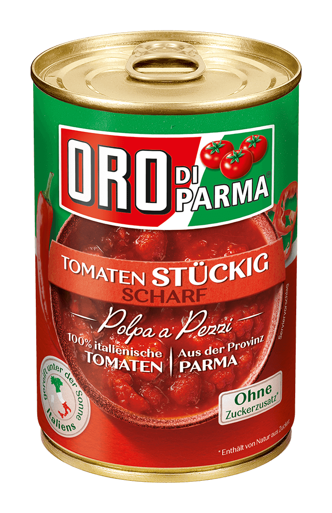 Hot chopped tomatoes from ORO di Parma in a 425ml can.