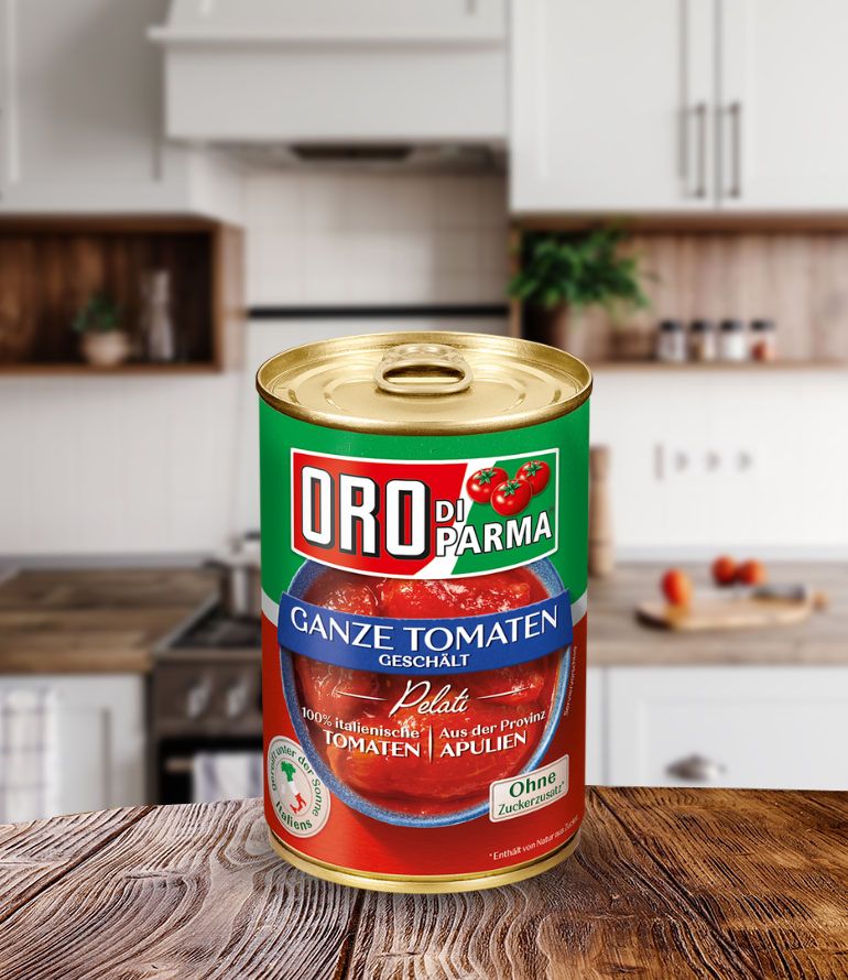 Whole peeled tomatoes from ORO d´Italia in a 425ml can.